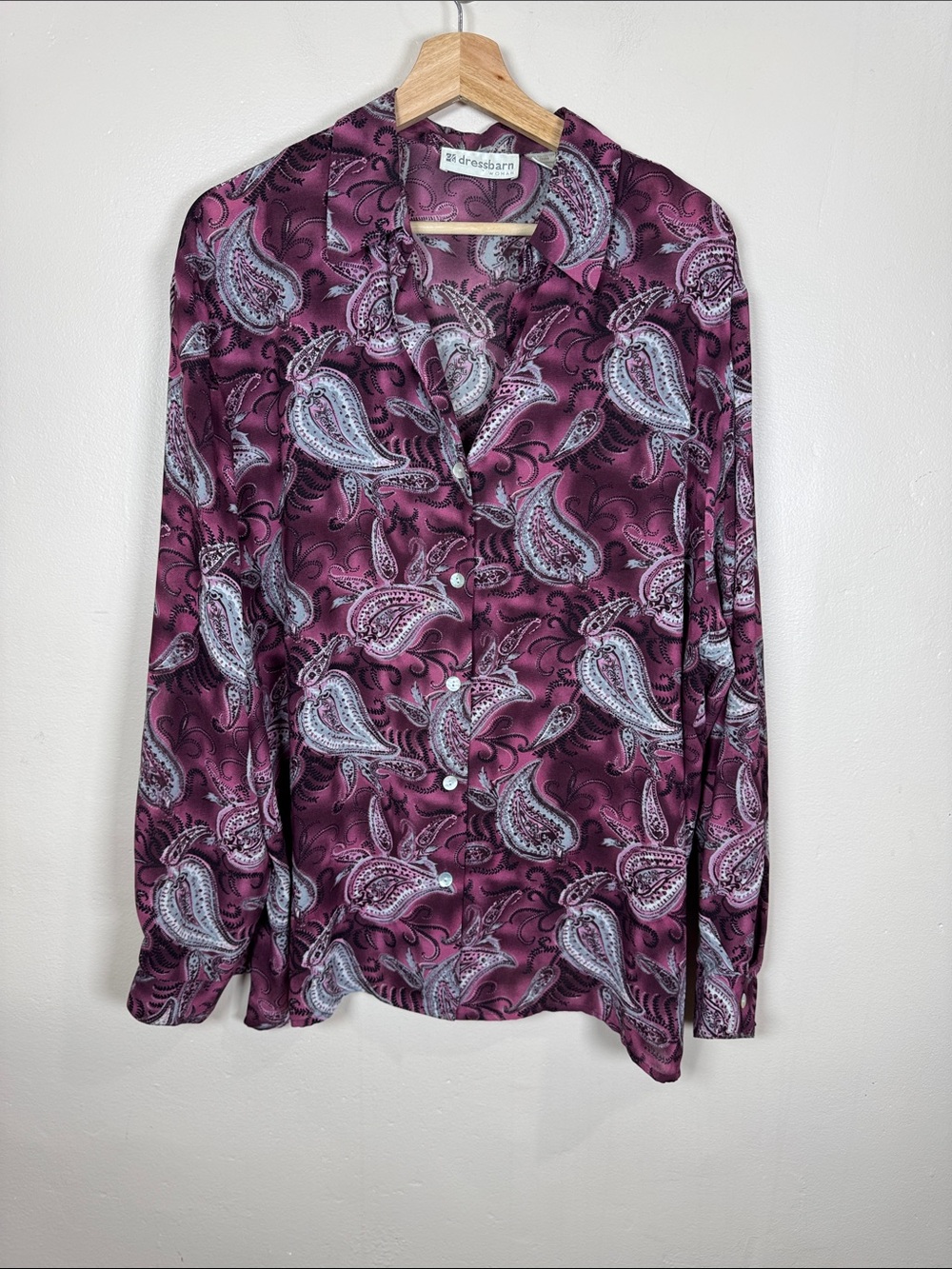 VTG Dressbarn Womens Plus Size Plum Paisley Satin Button-Down Blouse 2X Boho